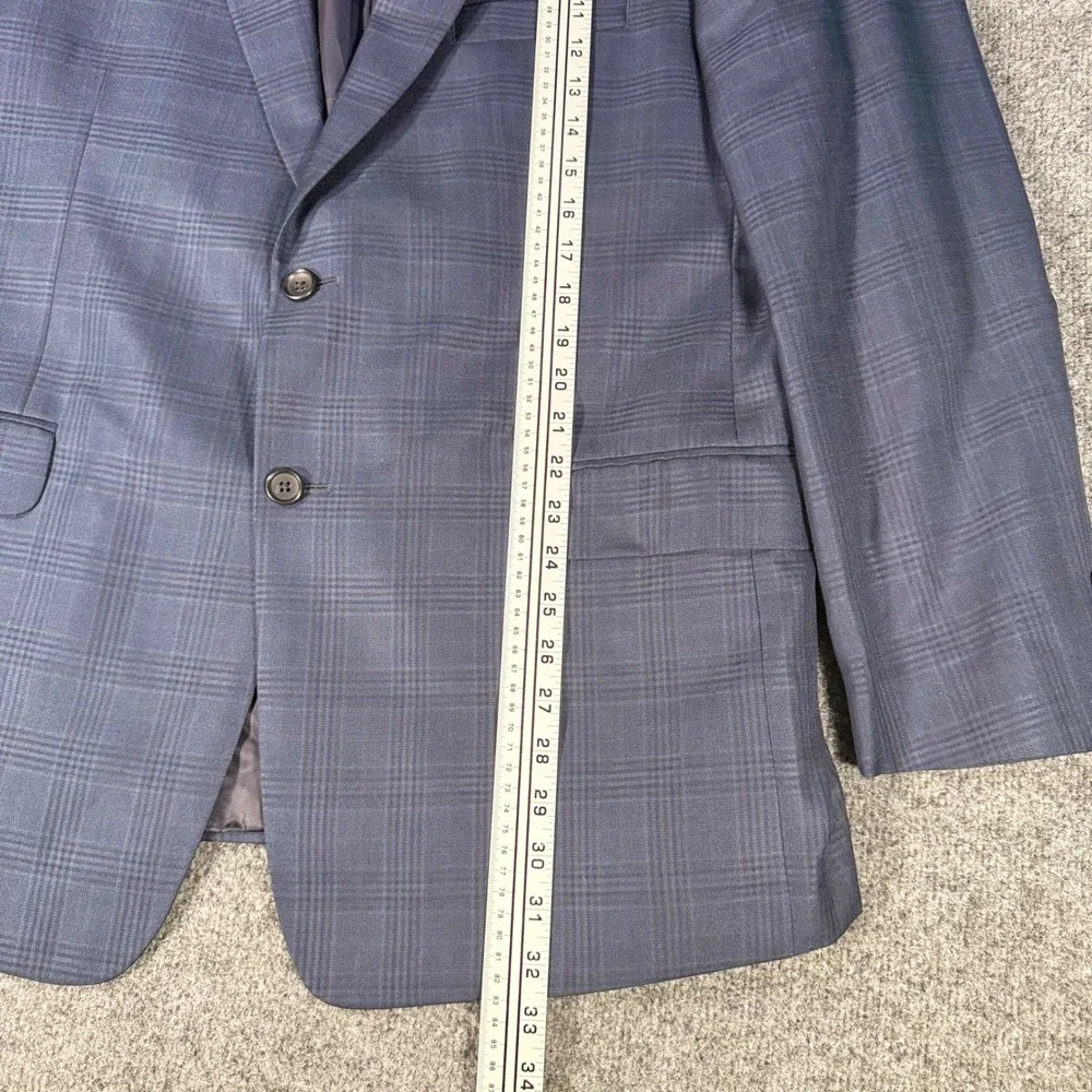 Jos A Bank Signature Blazer Silk Wool Plaid Sport Coat 46R Navy Blue Mens Jacket
